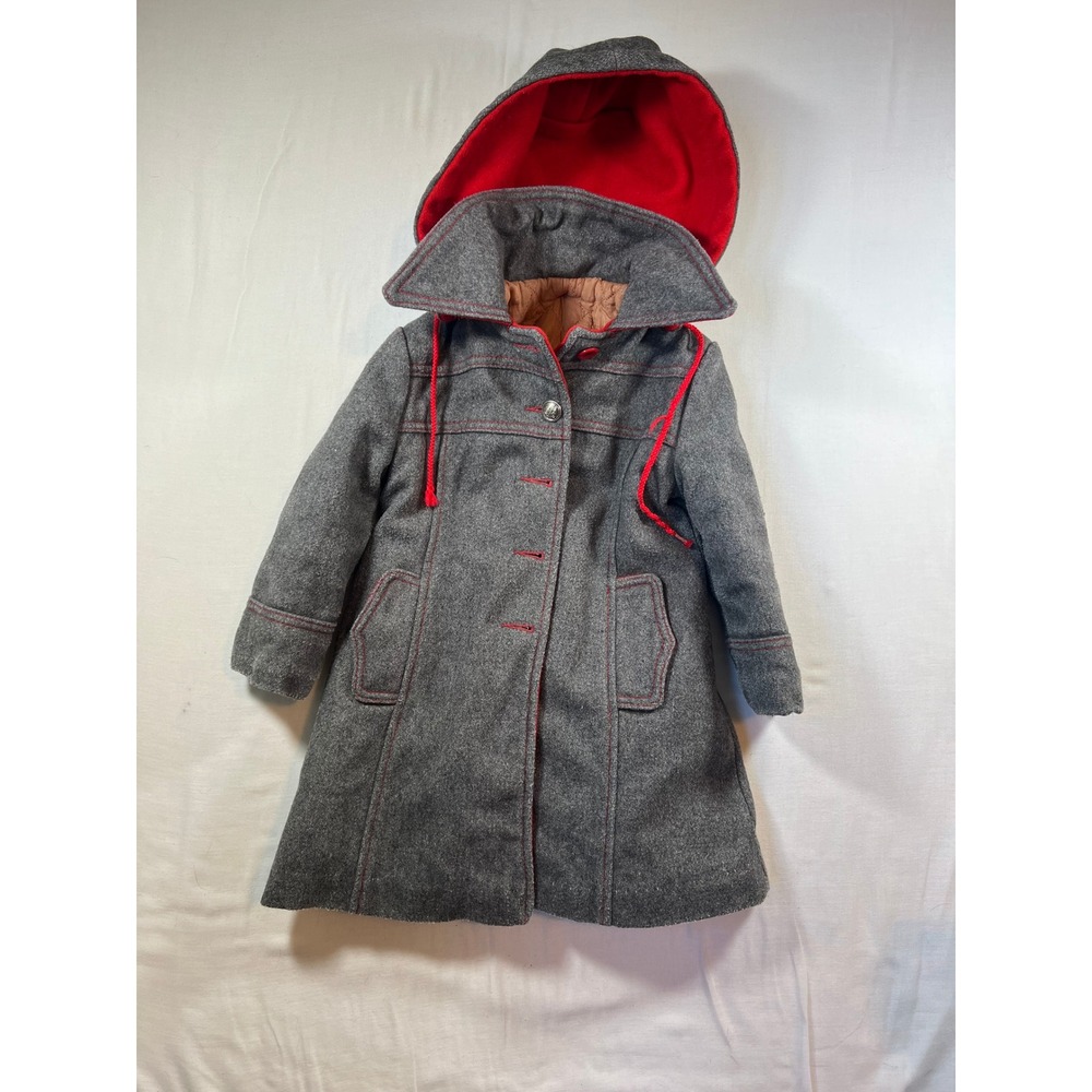 Vintage Girls Grey‎ Wool Blend Hooded Coat Red Contrast Stitching Swing Jacket